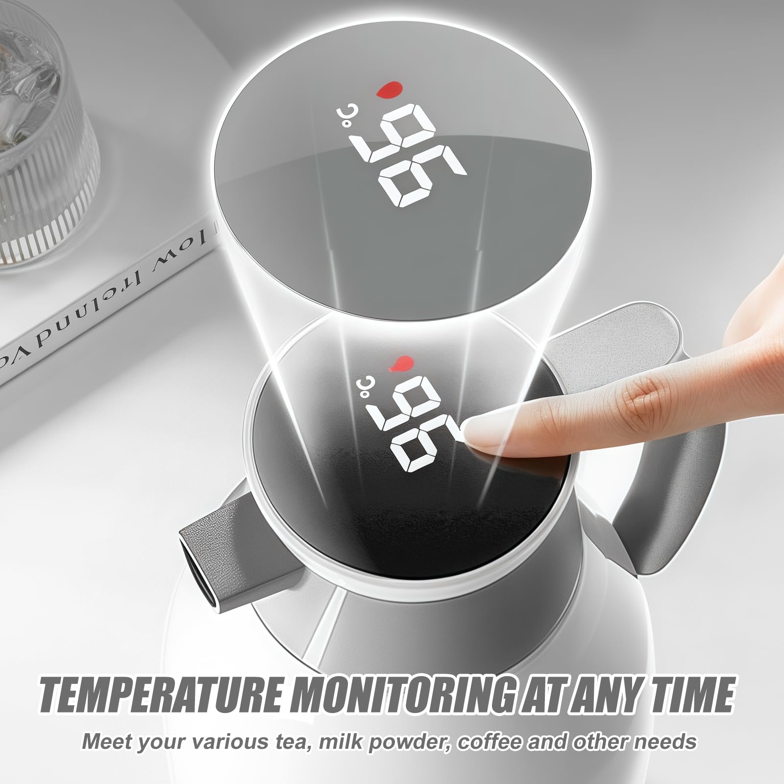 Thermos 24 ore isolamento termico: 2 l, acciaio inox, isolamento sottovuoto, indicatore intelligente temperatura, bevande calde fredde (bianco)
