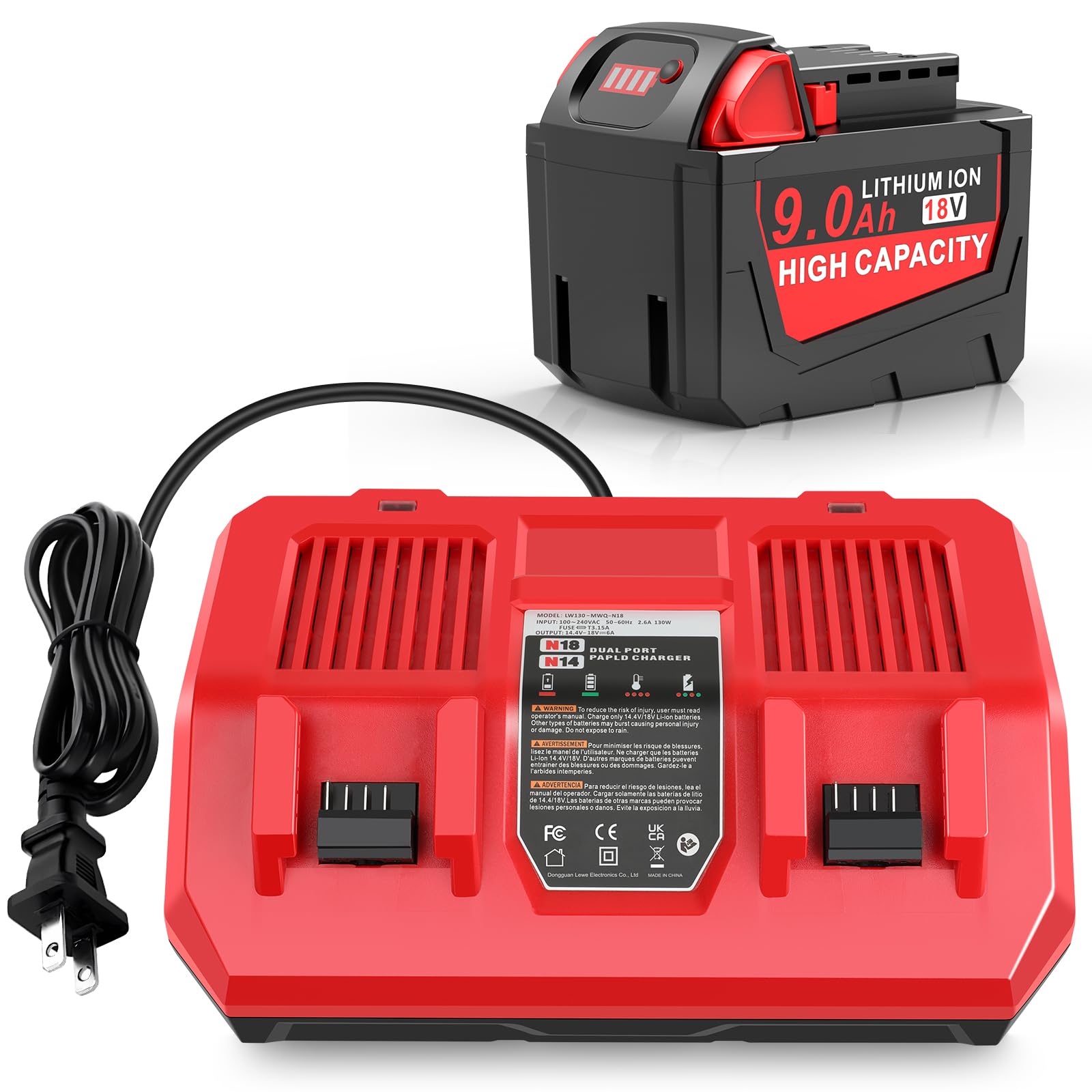 9.0Ah 18v Battery Replacement for Milwaukee with Rapid Dual Charging Port 18v Battery Charger, 48-11-1840, 48-11-1828, 48-11-1820, 48-11-1815, 48-11-1850, 48-11-1860, 48-11-1890