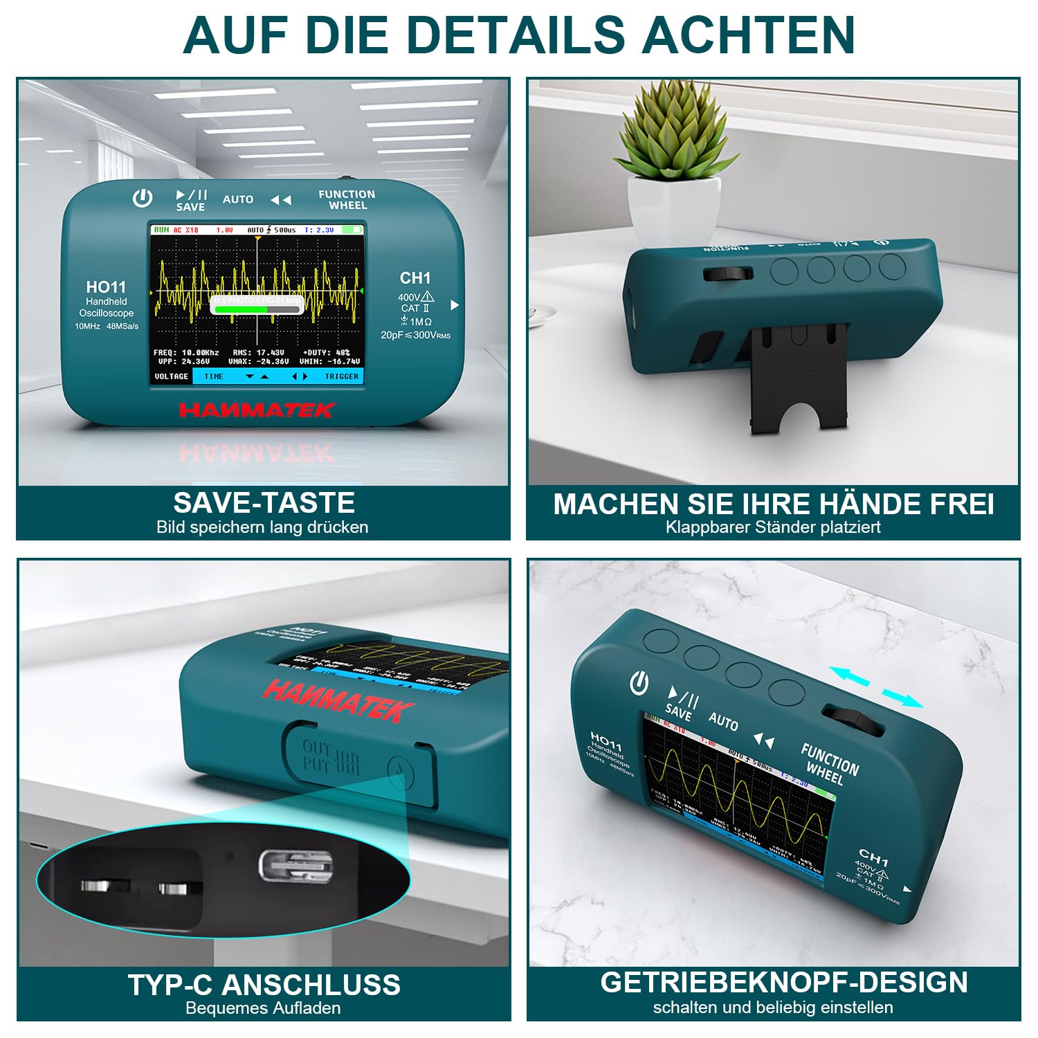 HANMATEK HO11 Handheld Digital Oszilloskop - 10MHz Bandbreite, 48MSa/s Hochpräzisionsabtastung, 2.8“ TFT Display, USB aufladbar, fortschrittliches Triggersystem, tragbar für Feldarbeit