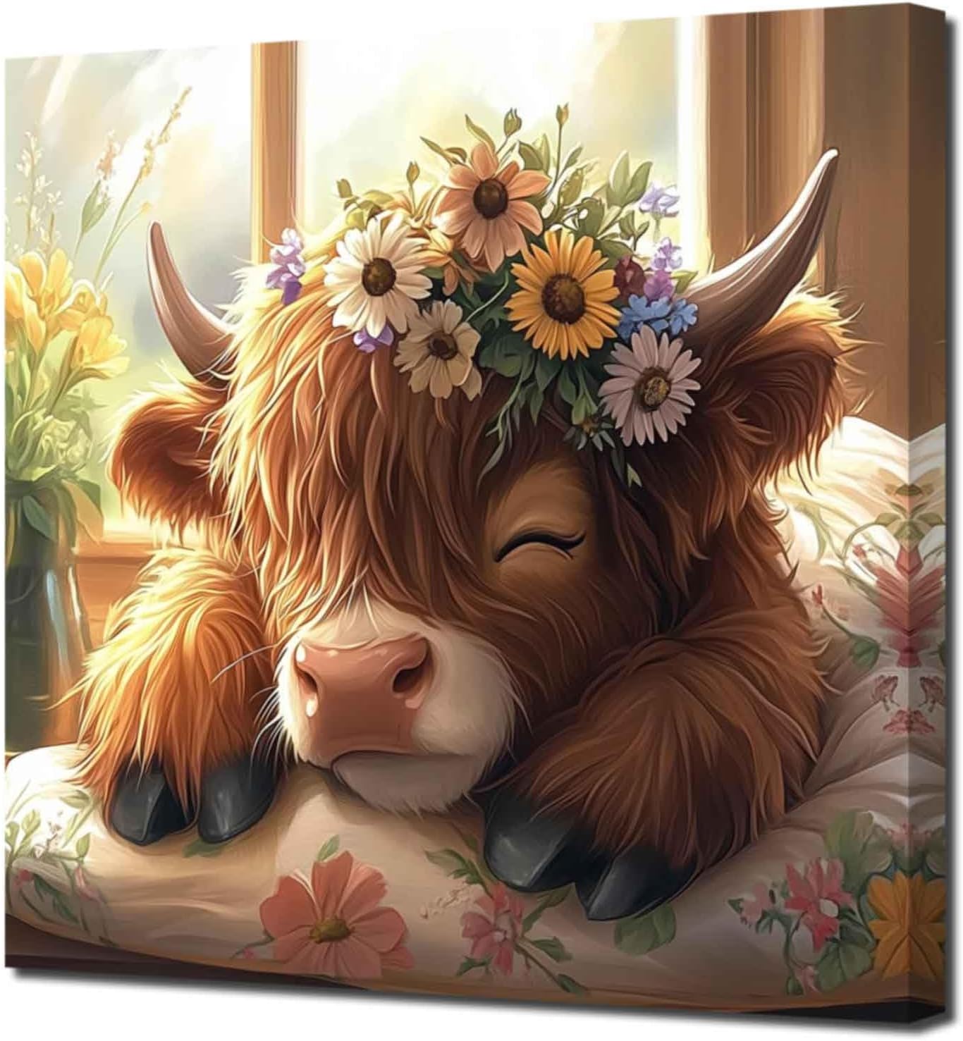 XLMDYYSW Highland Cow Baby Canvas Wall Art Rustic Farmhouse Daisy Paintings Cute Baby Calf Picture Retro Cow with Flowers Print for Kids Room Kitchen Framed (Brown, 12.00" x 12.00")