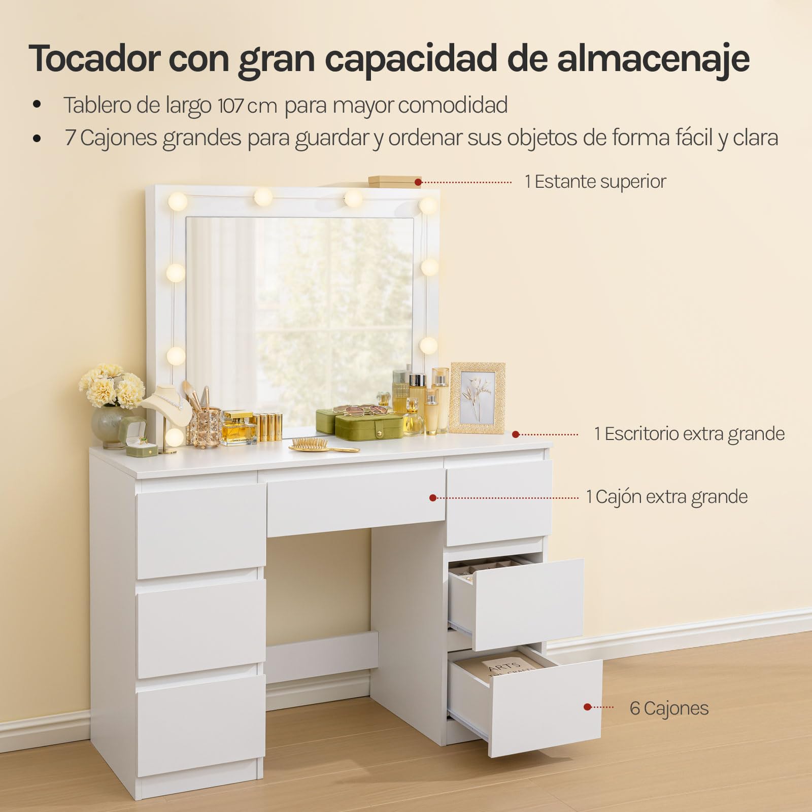 WOLTU Vanity de Maquillaje, Tocador de Maquillaje con Taburete, Tocador con Espejo y Luz LED, Luz Ajustable, con 7 Cajones, para Dormitorio, Sala de Belleza y Vestidor, 107x39,5x140,5 cm, Blanco
