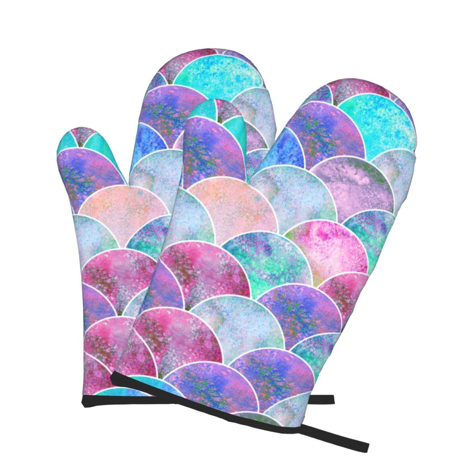 Oven Mitts Set of 2 Pcs, Watercolor Fish Scale Prints Heat Resistant Kitchen Gloves for Cooking Baking Grilling