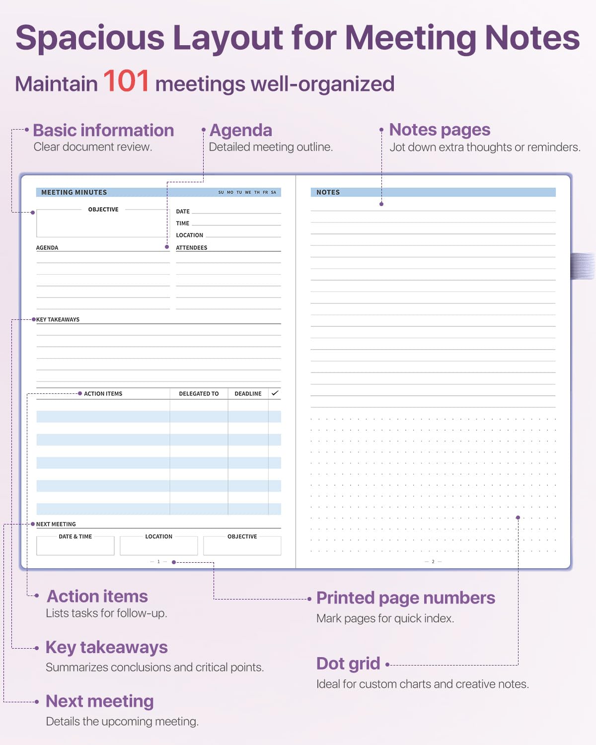 WEMATE Hardcover Meeting Notebook, B5 Work Planner Notebook With Action Items - Image 3