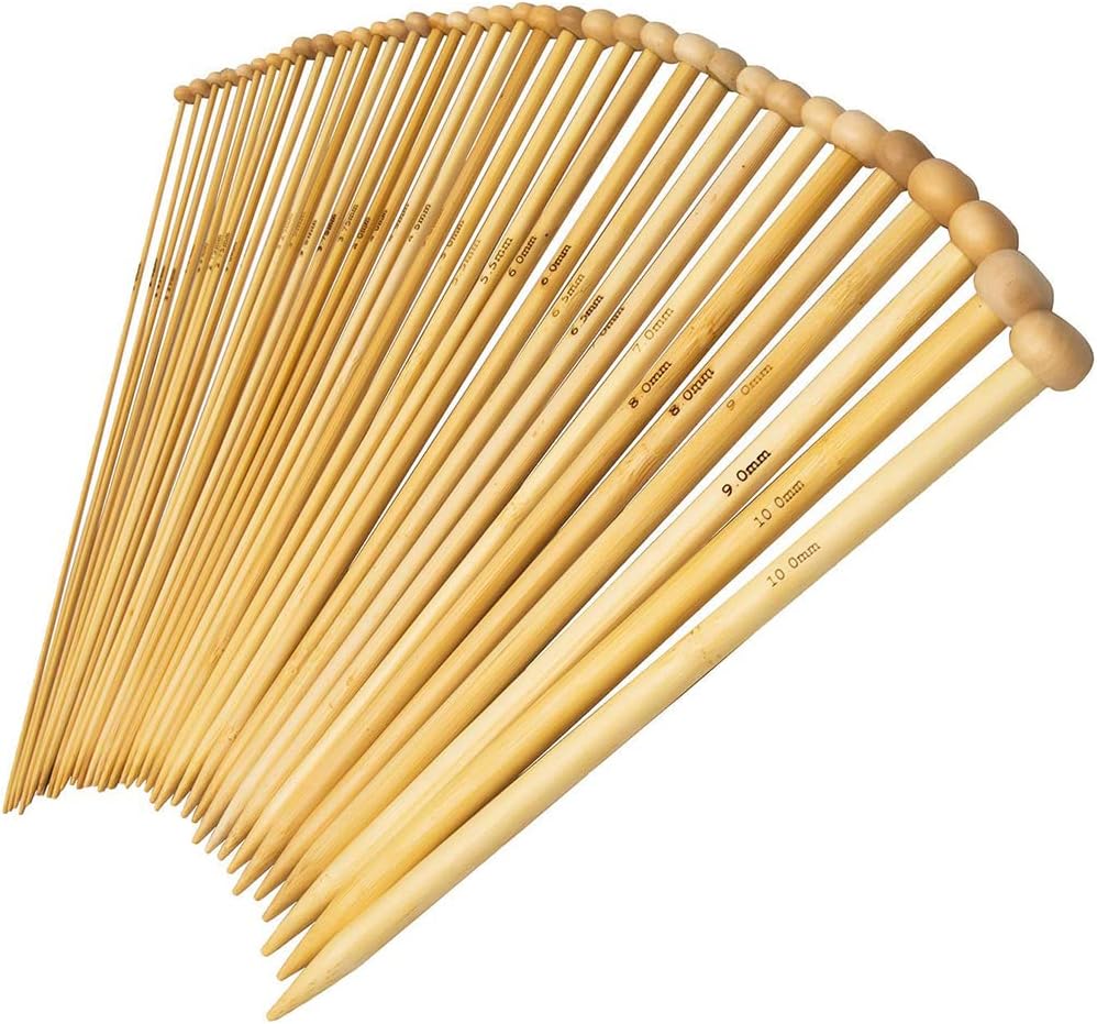 36PCS Bamboo Knitting Needles, Single Pointed Carbonized Knitting Needles, 18 Sizes, 2.0mm-10.0mm, Use for Handmade Creative DIY, 9 Inches Length