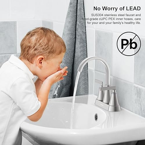 Miniatura 7 de Hurran - Grifo para lavabo de baño, de níquel cepillado de 4 pulgadas, 3 agujeros con drenaje emergente y líneas de suministro, grifo giratorio de