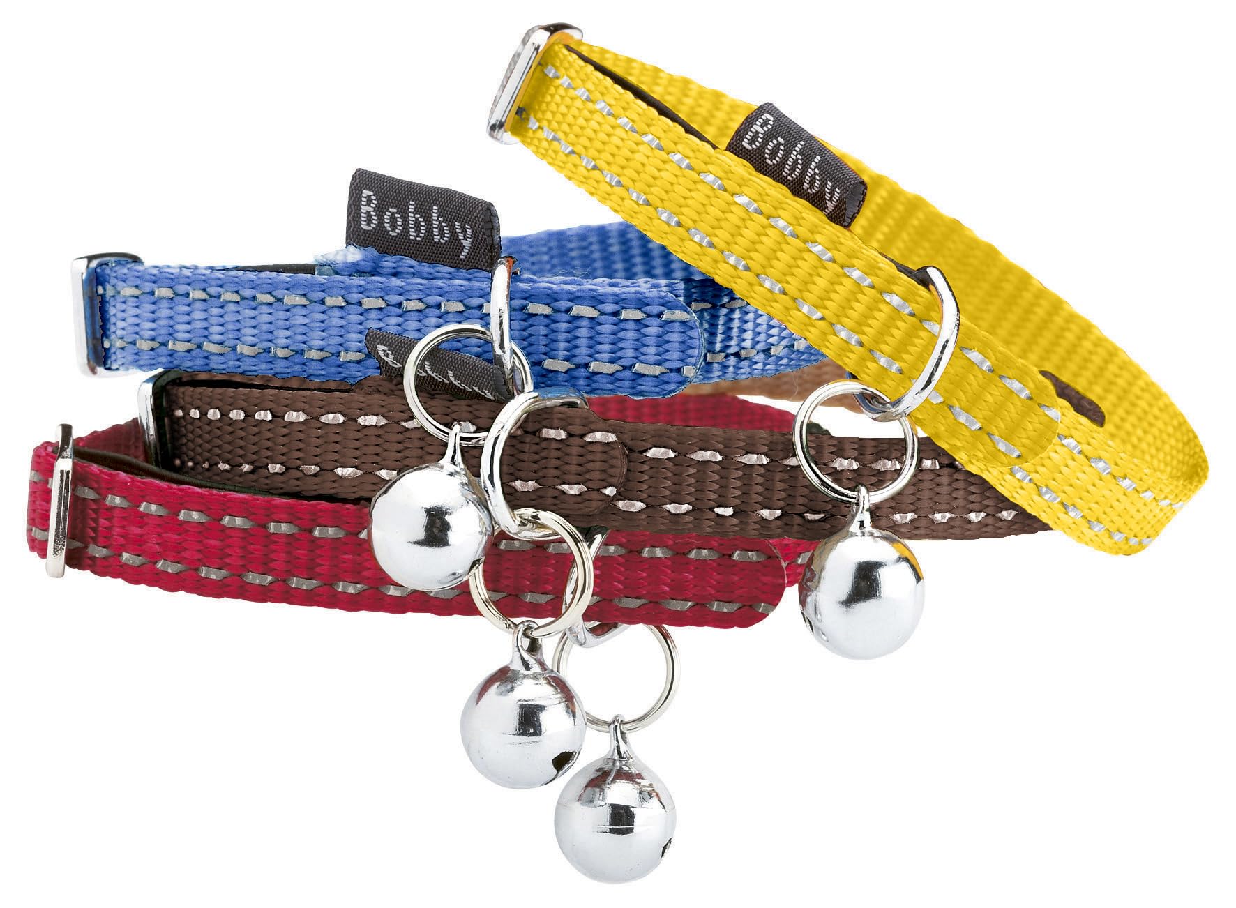 Bobby Safe - Collare gatto in Nylon colorato, Resistente, Antistrozzo, Riflettente, Regolabile, Giallo - lunghezza 30 cm, spessore 1 cm