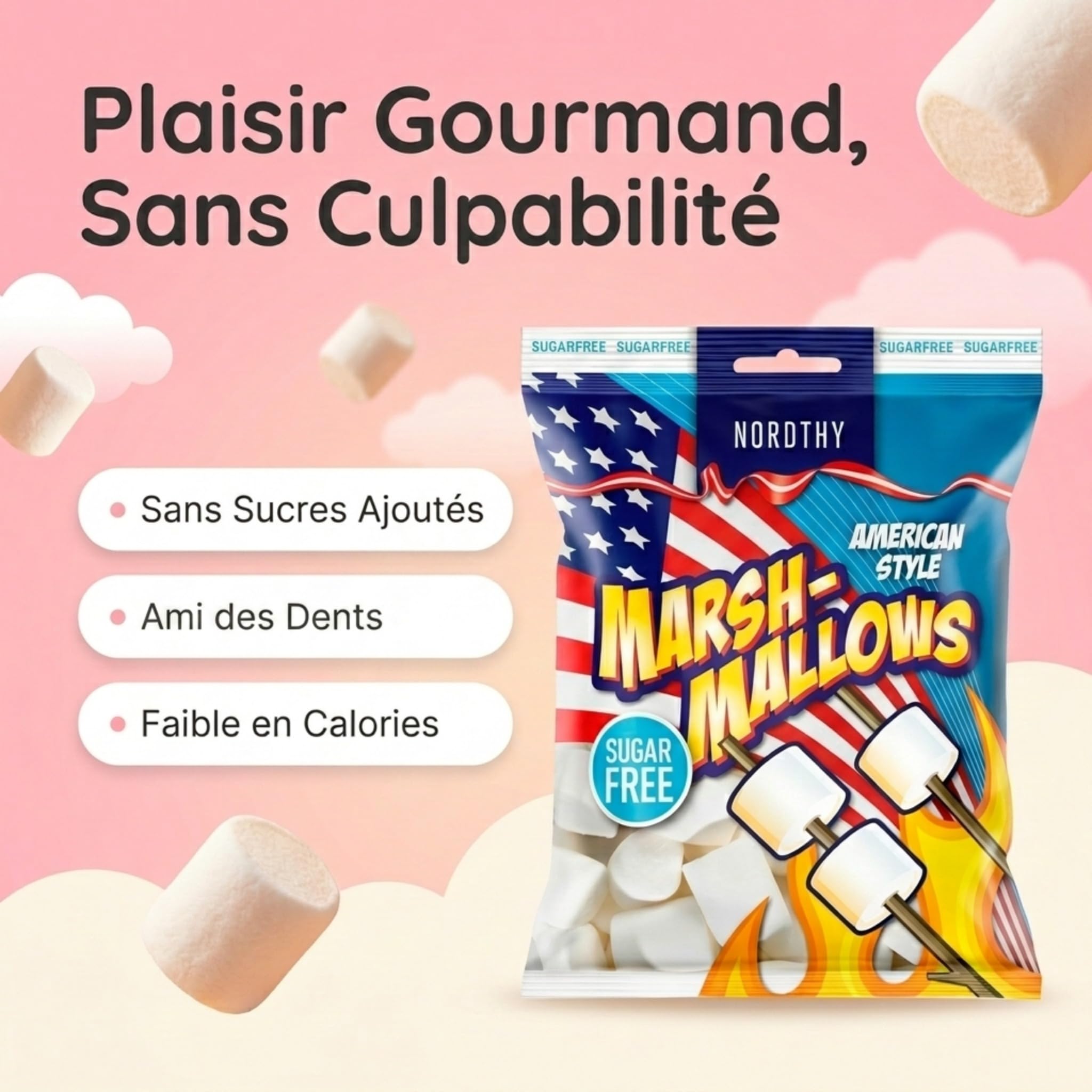Nordthy Marshmallows American Style Sans Sucre 2x100g – Guimauves Moelleuses à la Vanille – Confiserie Faible en Calories – Chamallows Sans Sucres Ajoutés
