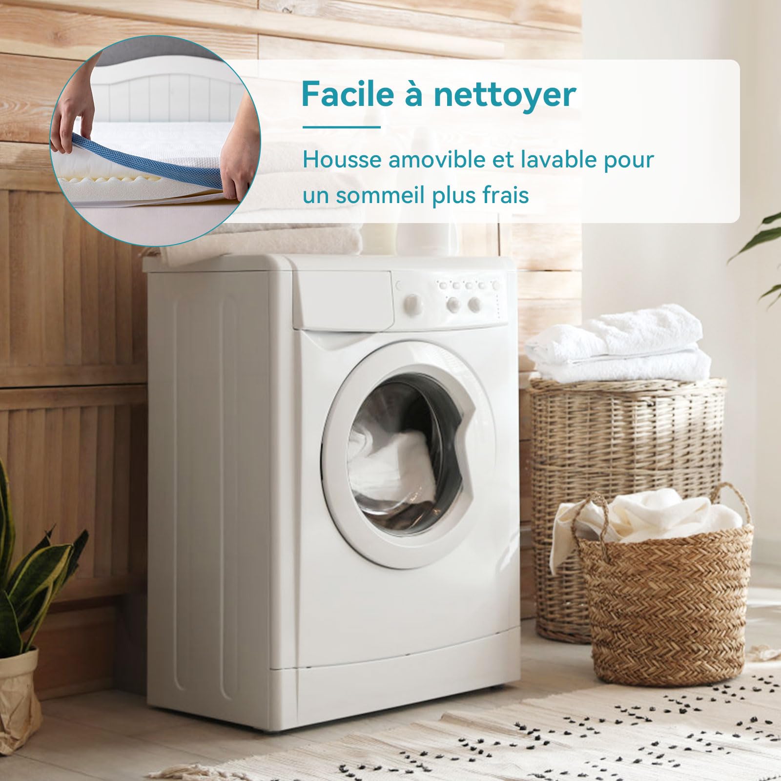 Amazon Basics Surmatelas de Mousse à Mémoire de Forme avec Sangles, 160 x 200 x 5 cm, Blanc