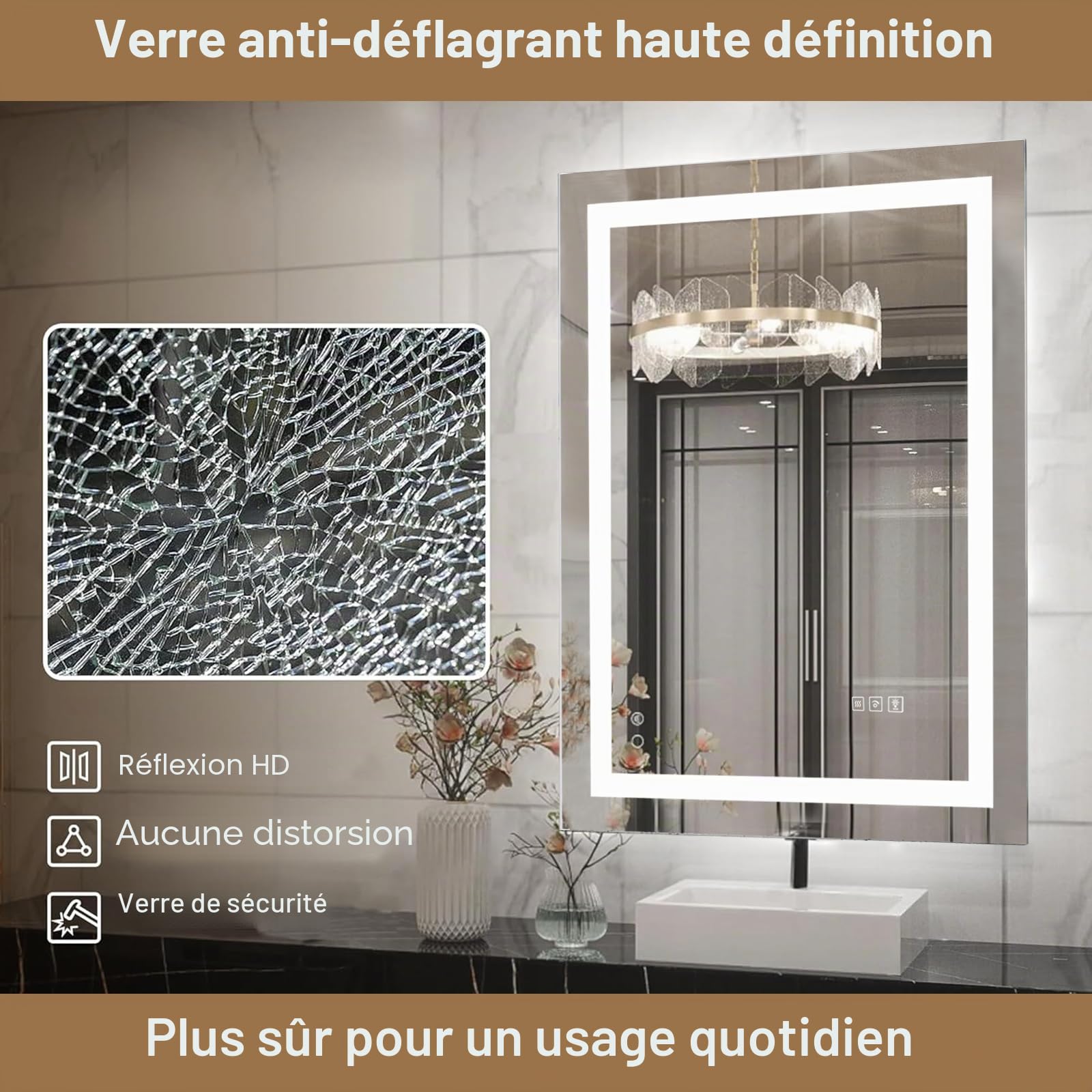 Miroir de Salle de Bain LED 70 x 50 cm avec éclairage et Fonction Anti-buée, rétroéclairage RVB, éclairage Avant 6500 K, Miroir Intelligent avec Fonction de Changement de Couleur