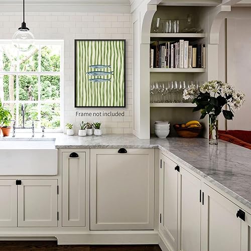 Miniatura 6 de Sardinas - Pósteres de pared de cocina de moda, diseño de rayas verdes, retro y moderna, estética de alimentos para el hogar, comedor, cafetería,