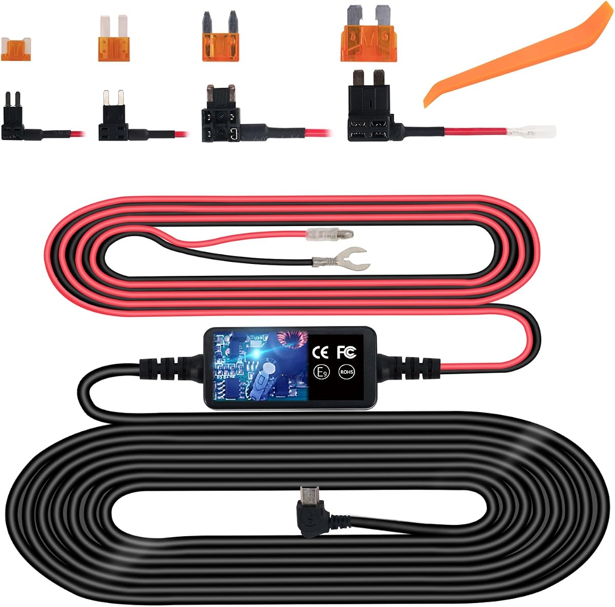 Dash Cam Hardwire Kit, Mini USB Hard Wire Kit Fuse for Dashcam | Plozoe 12V-24V to 5V Car Dash Camera Charger Power Cord, Gift 4 Fuse Tap Cable and Installation Tool(11.5ft)