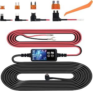 Dash Cam Hardwire Kit, Mini USB Hard Wire Kit Fuse for Dashcam, 12V-24V to 5V Car Dash Camera Charger Power Cord, Gift 4 Fuse Tap Cable and Installation Tool（11.5ft