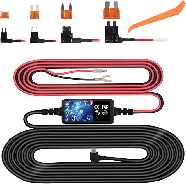 Kit de fils d'arrêt de Cam, Mini USB Kit de fil dur Fuse pour Dashcam, 12V-24V à 5V Car Dash Chargeur de caméra cordon d'alimentation, cadeau 4 Fuse câble de robinet et outil d'installation(11,5ft)