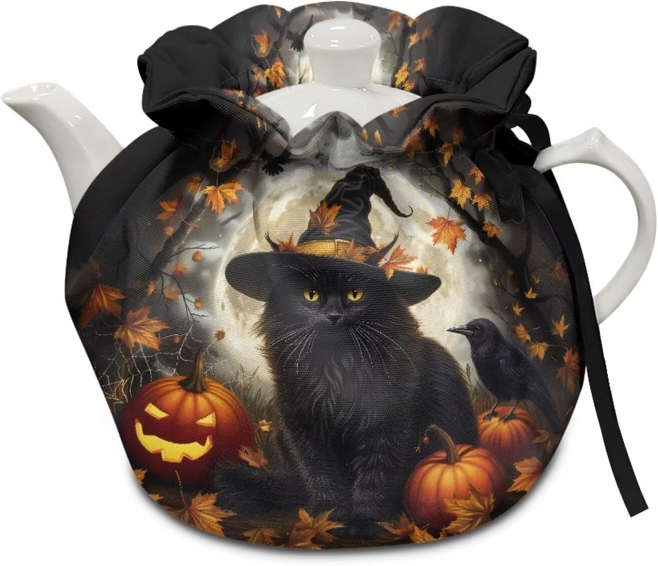 Generic Black Cat Tea Pot Cozies Double-sided Halloween Drawstring Teapot Dust Cover Insulation Warmth Breakfast Pot Holder Washable Reusable Table Decoration