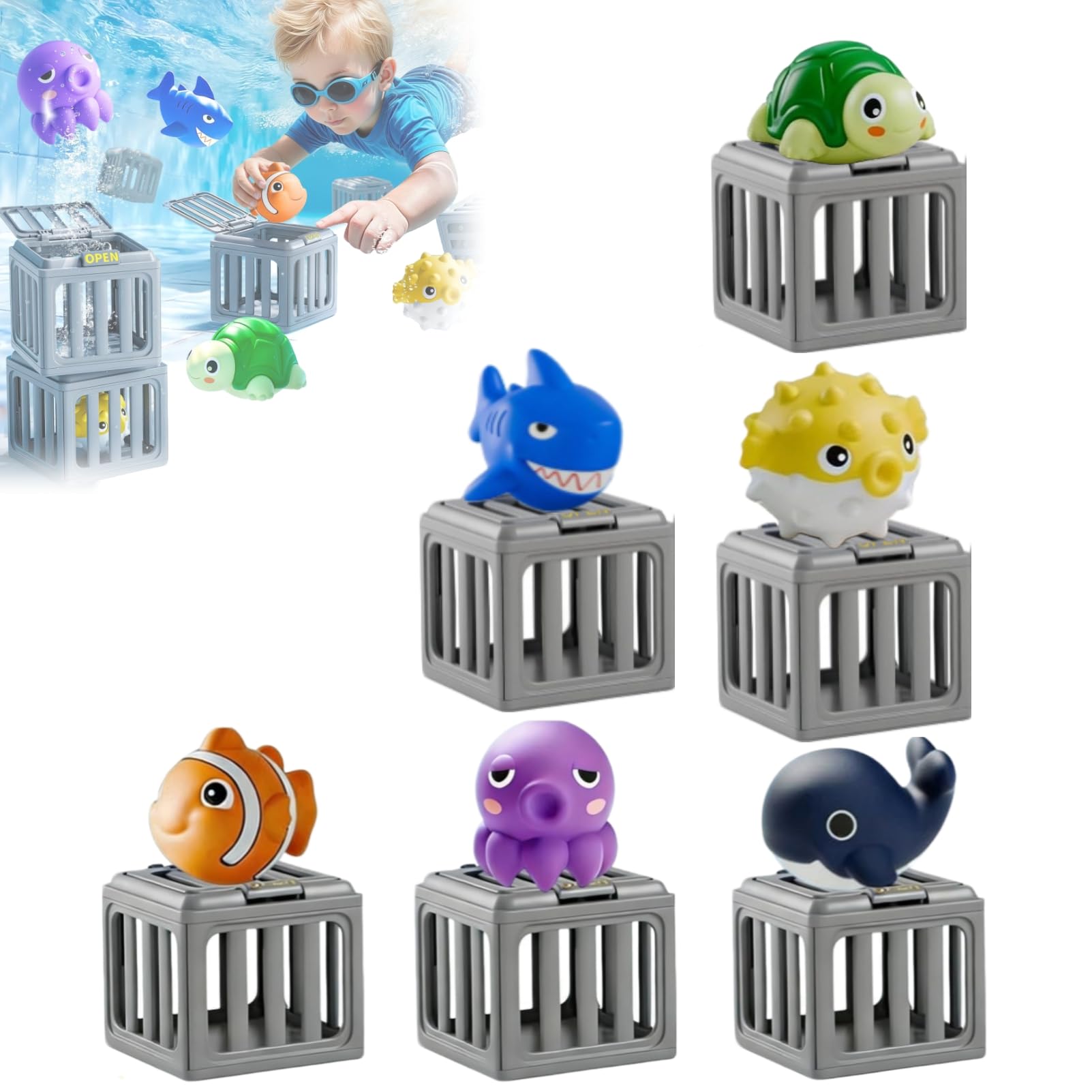 Kryilut Underwater Dive Rescue Toys, Cage Pool Toys with Animals Floating, Pool Diving Toys with Storage Fish Box, Colorful Animal Pool Sinkies Swimming Training Game for Boys and Girls (6pcs)