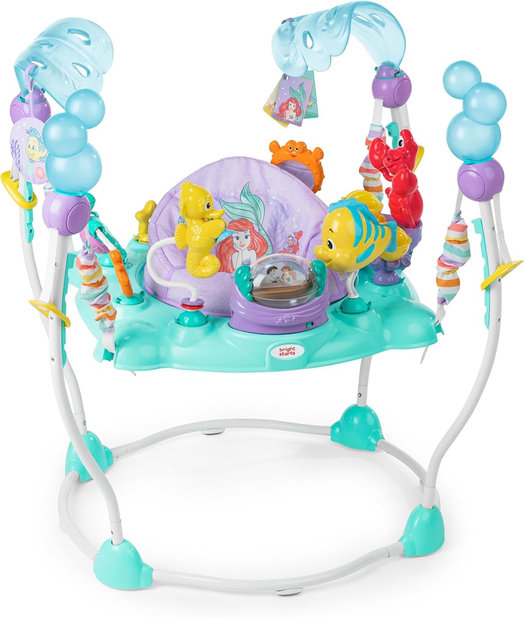 Bright Starts Disney The Little Mermaid Sea of ​​Activity Saltador de actividades para bebé con juguetes interactivos, luces y música con la princesa Disney Ariel, 6-12 meses (azul)
