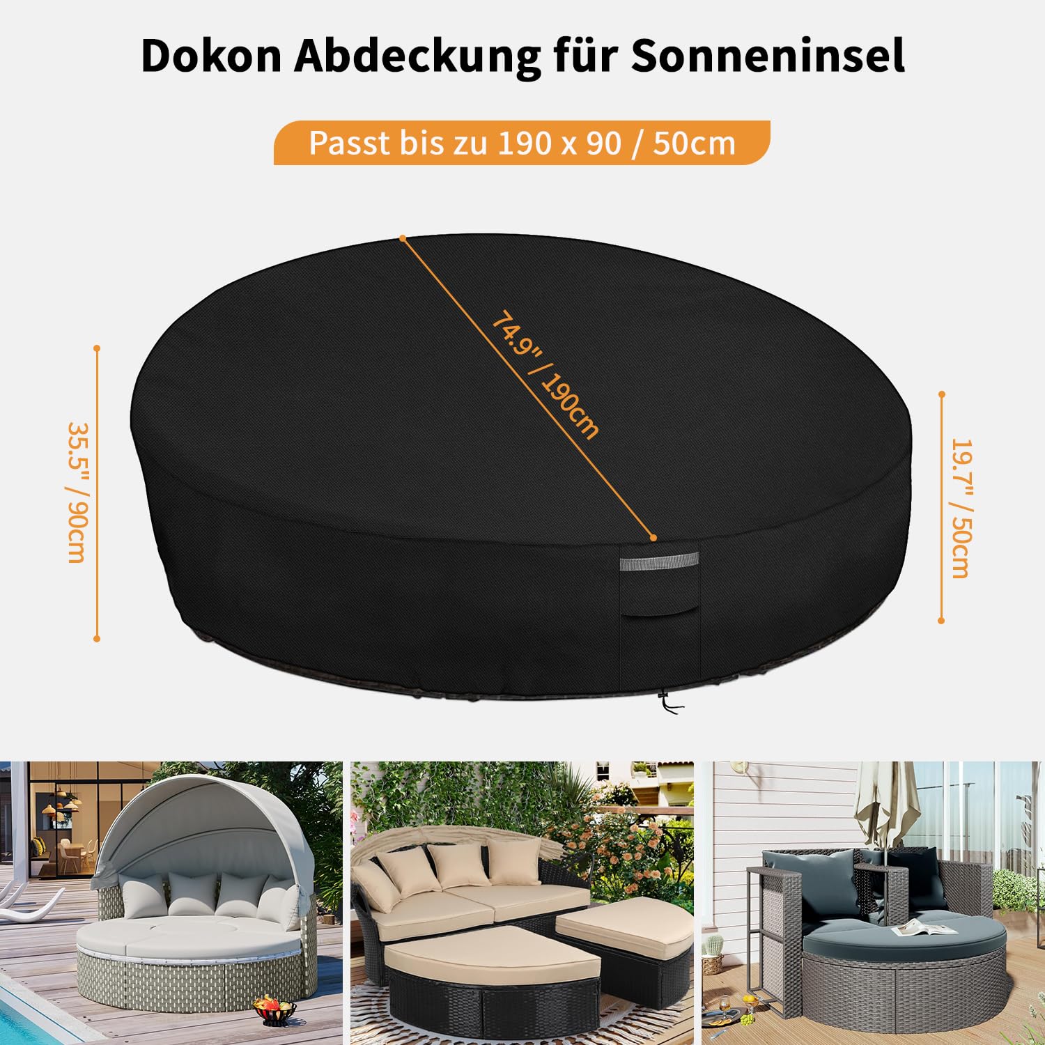 Dokon Sonneninsel Abdeckung mit Belüftungsöffnung Wasserdicht Winddicht UV-Beständiges Sonneninsel Schutzhülle Robustes Oxford-Gewebe Abdeckplane für Liegeinsel, Garteninsel (190x90/50cm) Schwarz