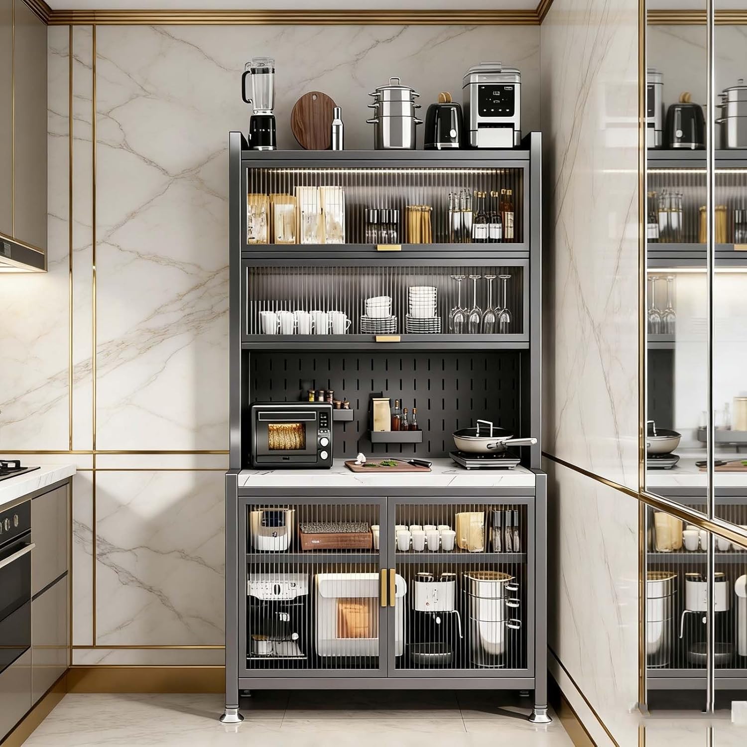 6-Tier Multifunctional Kitchen Storage Rack with Flip Door Cabinet, Microwave Stand & Countertop, Quick Assembly, Black, 31.5"x16.5"x60.6" - Perfect for Appliances & Organizing