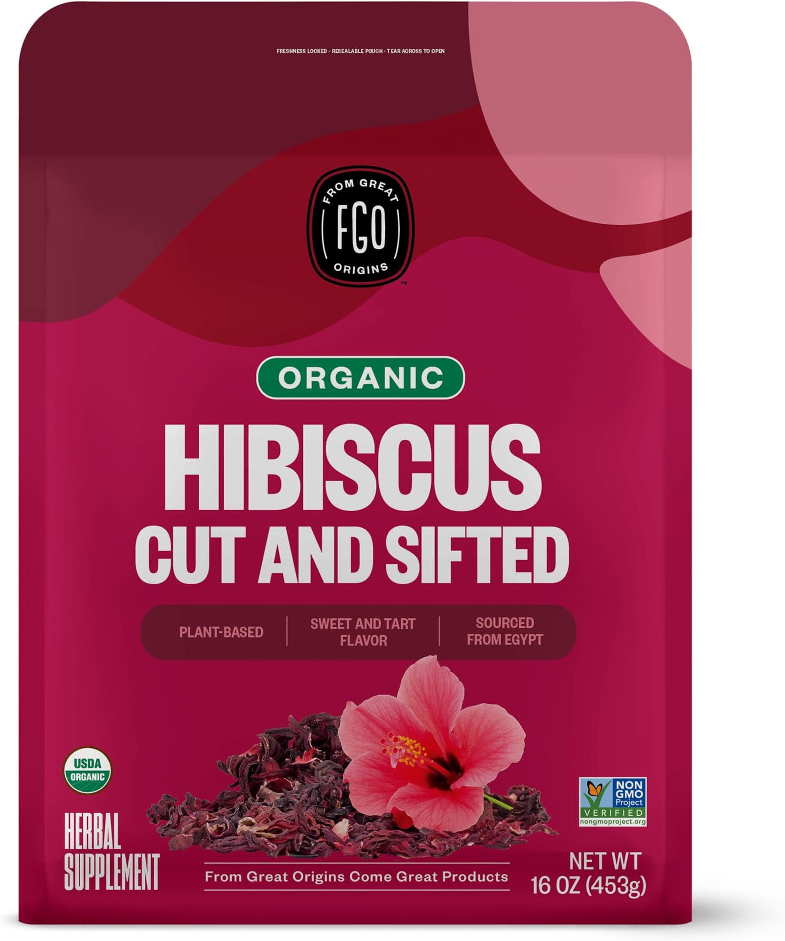 FGO Organic Hibiscus Flowers, Cut & Sifted, Great for Tea Blends, Resealable Package, 453g (Pack of 1)