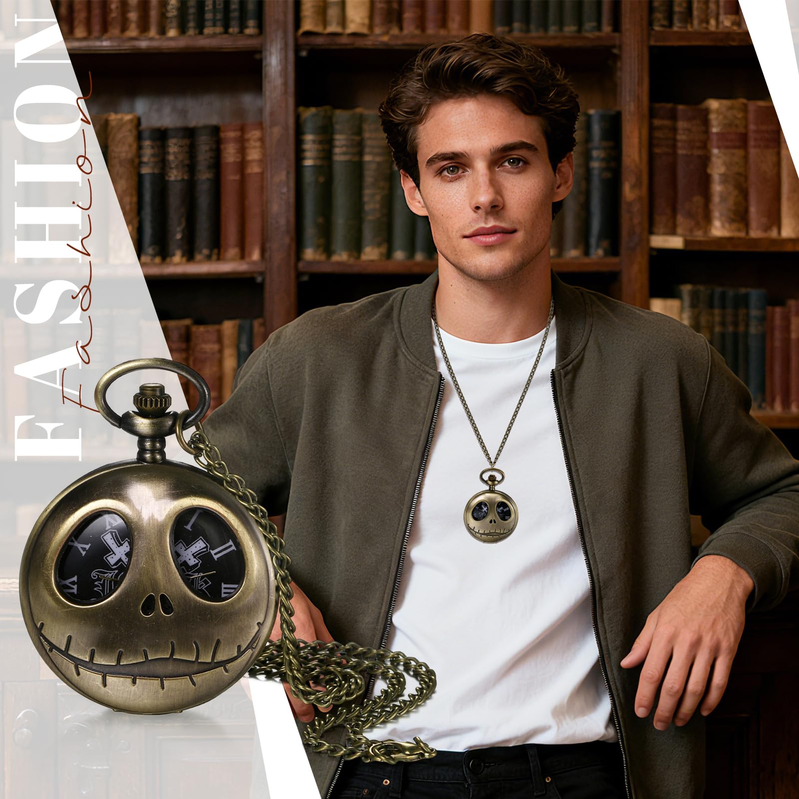 JewelryWe - Reloj de Bolsillo Retro para Hombre y Mujer, Esfera de Calavera con Collar de Bronce Antiguo