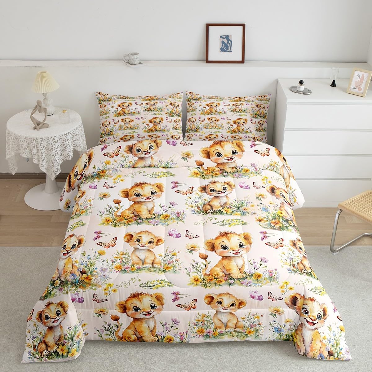 Kawaii Lions Toddler Bedding Set for Kids Adults,Wildlife Animal Comforter Set Bed Set Boys Men Bedroom Decor,Rustic Flowers Leaves 2 Pieces Quilt Set,Safari Animals Duvet Insert,1 Pillow Case