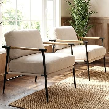 DUOMAY Mid-Century Modern Accent Chairs Set of 2 - Soft Linen Upholstered Lounge Reading Chair for Bedroom - Comfy Lightweight Livinig Room Chairs - Beige