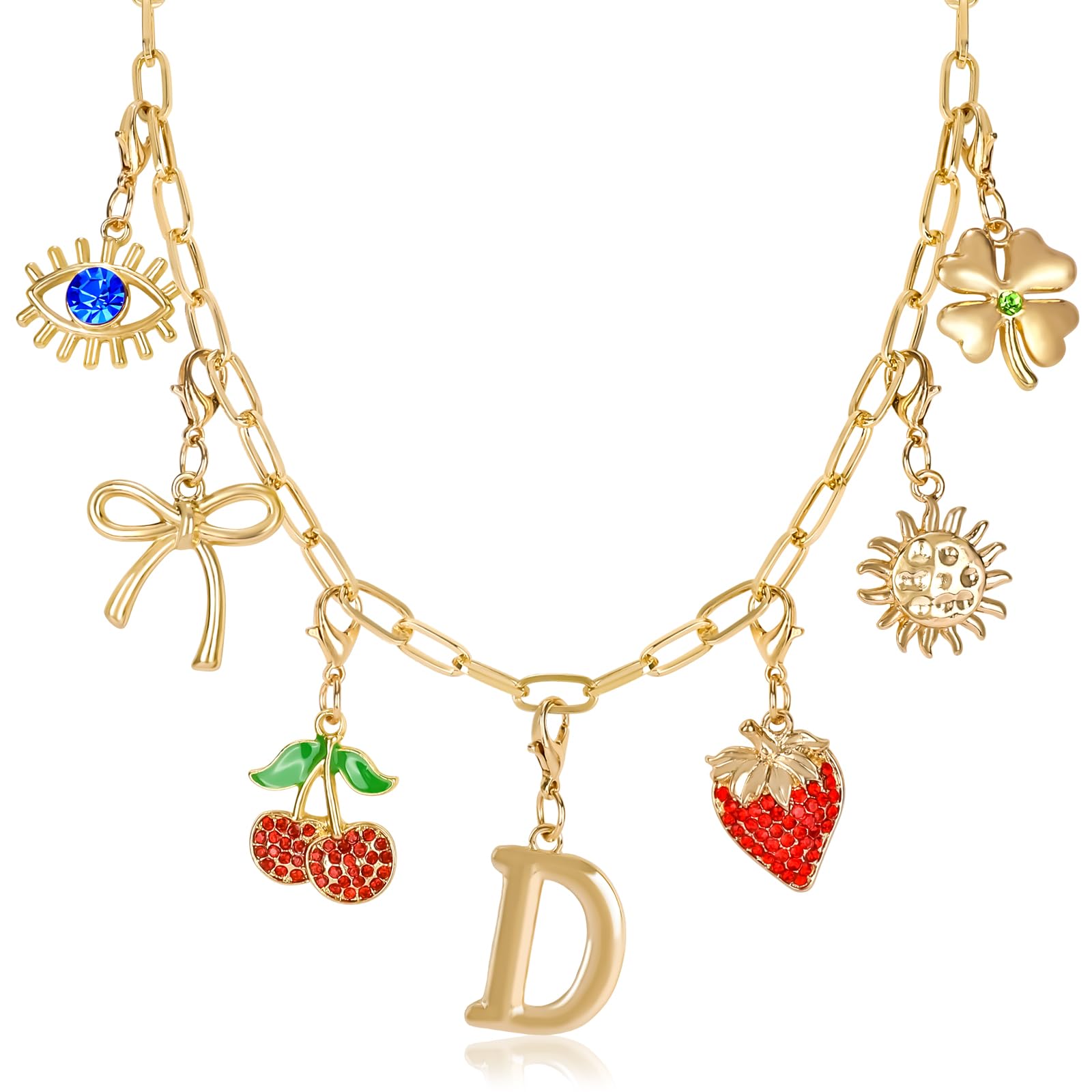 Initial Charm Necklace for Women, Evil Eye Four-Leaf Clover Sun Bow Cherry Strawberry Removable Charms Necklace Paper Clip Chain Choker, Trendy