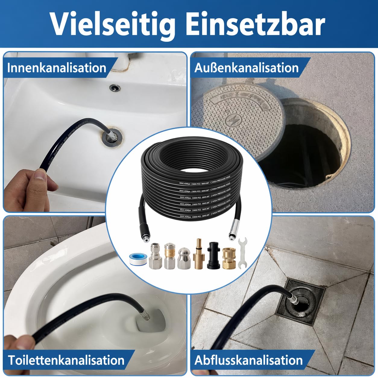 Rohrreinigungsschlauch 30m für Hochdruckreiniger, Rohrreiniger Set Kanalratte mit Rotationsdüse & Knopfdüse, Abflussreiniger Rohrfrei Kompatibel mit Kärcher K-Serie, Bosch AQT, Lavor & 1/4", 400Bar