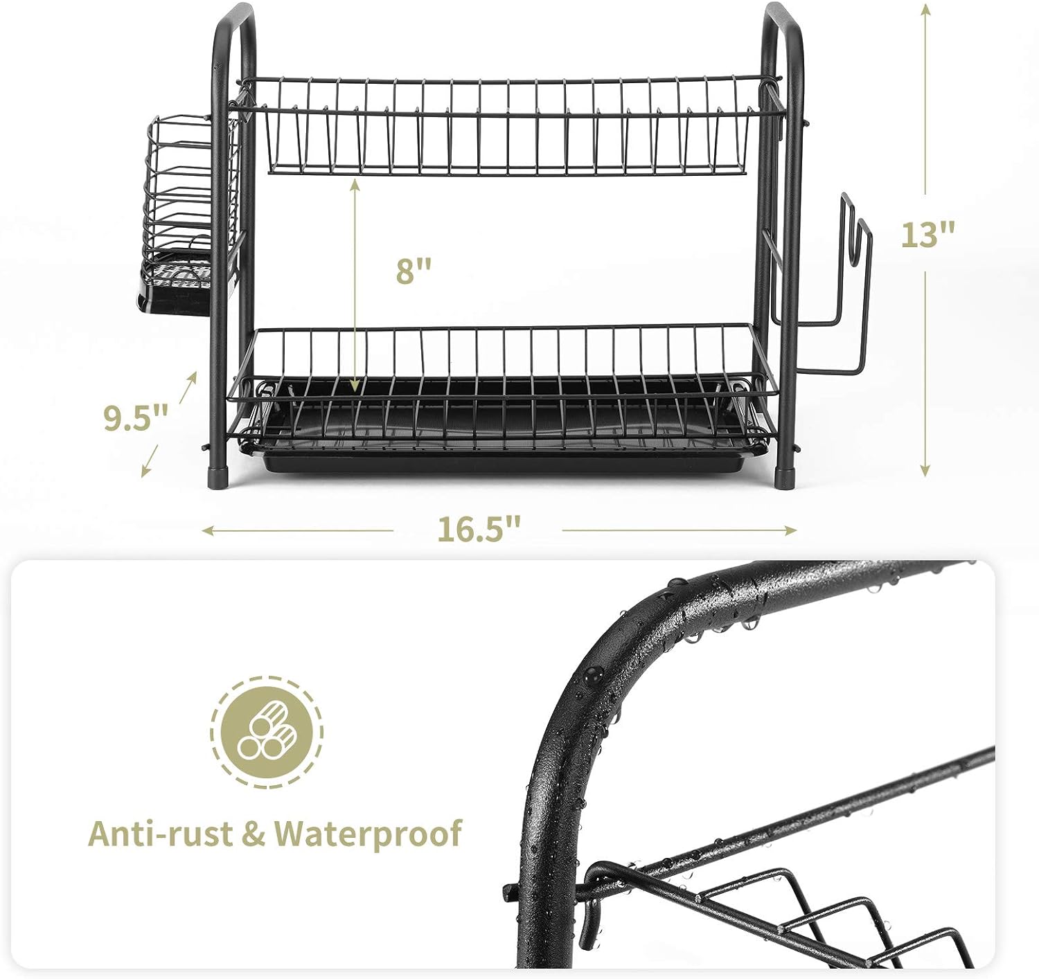 Glotoch 2 Tier Matte Black Dish Drying Rack, 2021 Upgraded Rust-Proof Dish Rack with Upgraded Base, Utensil Holder, Cutting Board Rack and Dish Draining Tray