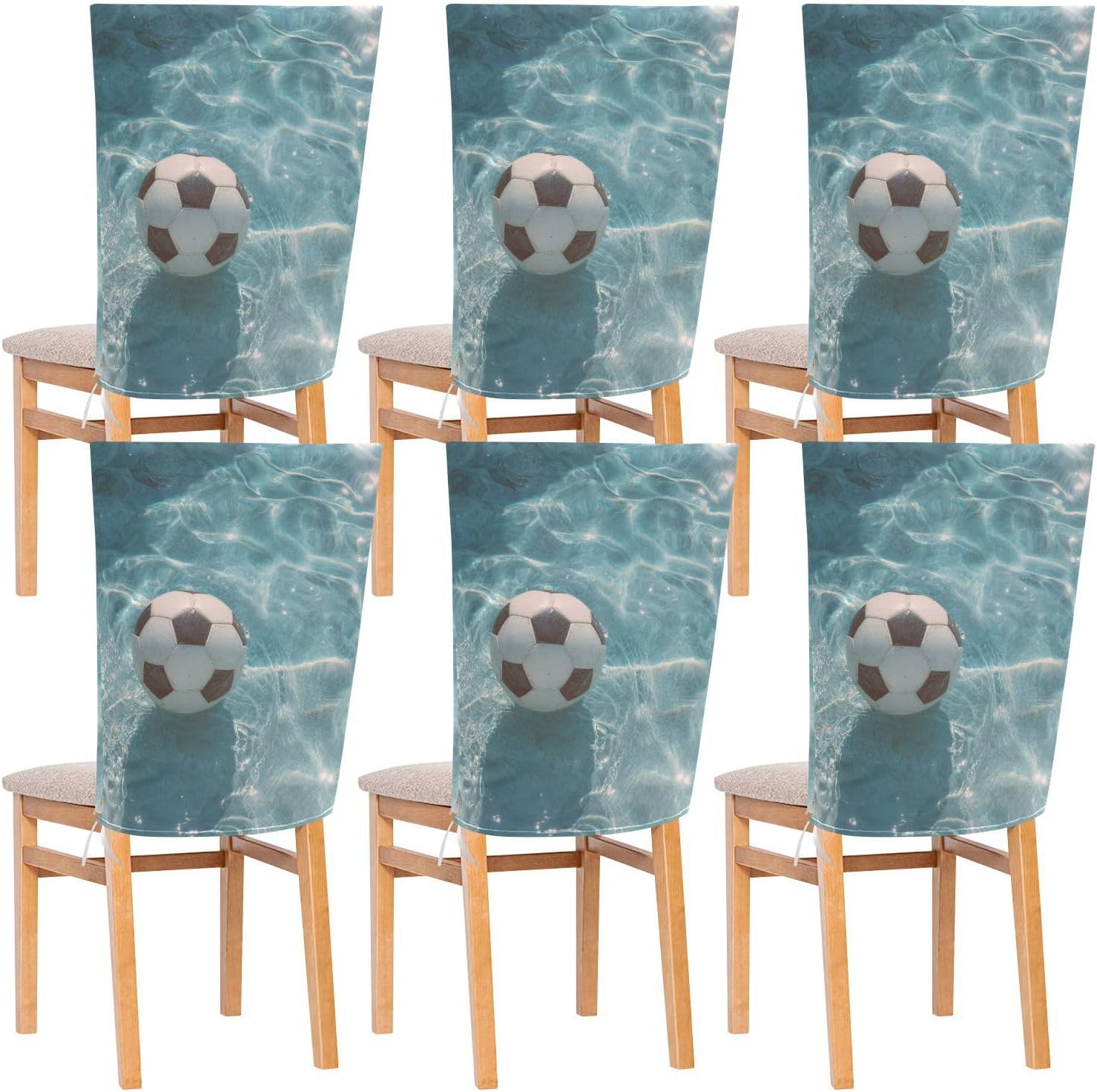 ALAZA Soccer on Swimming Pool Chair Back Cover Set of 6, Washable Reusable Removable Chair Slipcovers Decorative Chair Cover for Home Kitchen Wedding Party