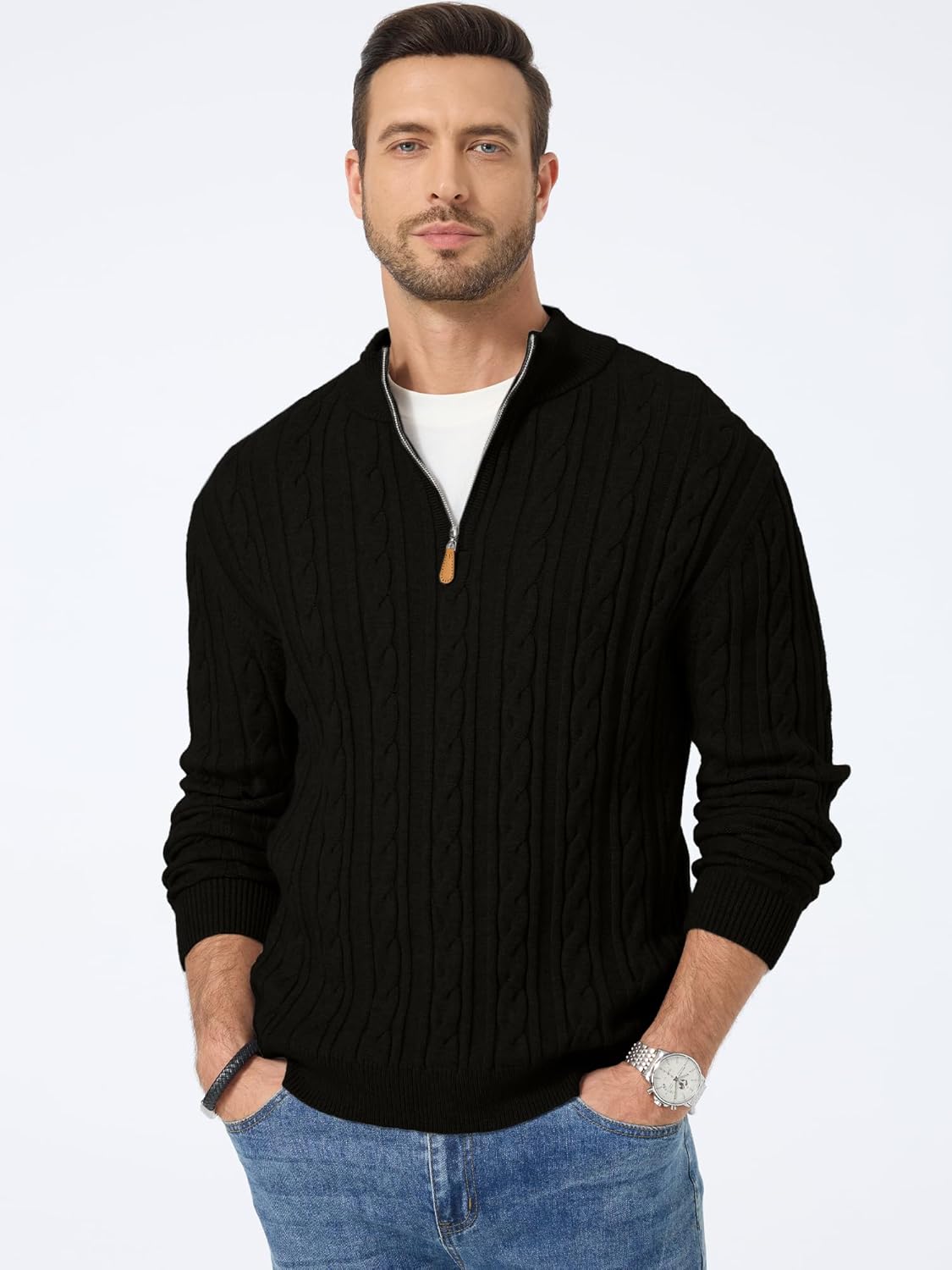 JMIERR Men's Quarter Zip Pullover Sweater Cable Knit Casual Stand Collar Texture Knitted Sweaters - Image 4