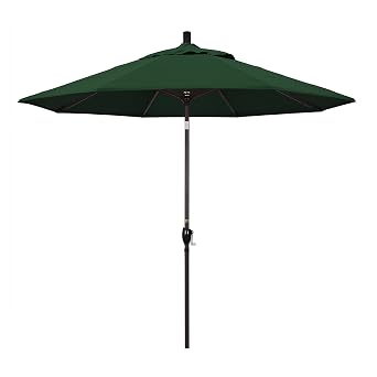 California Umbrella 9 Round Aluminum Patio Umbrella, Crank Lift, Push Button Tilt, Bronze Pole, 4-year Non-fading fabric, Hunter Green
