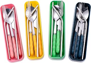 4 Colors Portable Travel Utensils with Case, Reusable Stainless Steel Cutlery Include Knife Fork Spoon Straw for Travel Camping Office