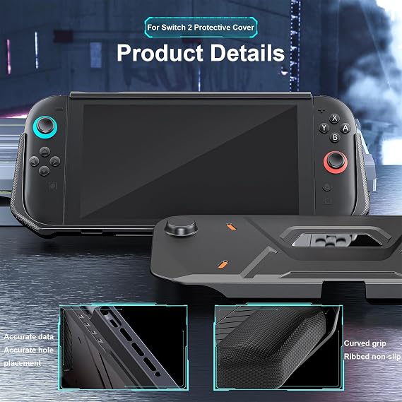 OFFCURVE for Nintendo Switch 2 Case (2025 Release) Protective Handheld Case with Ergonomic Grip and Strap PC+TPU Grip Protective Cover Accessories Compatible with Switch 2 Console,Black