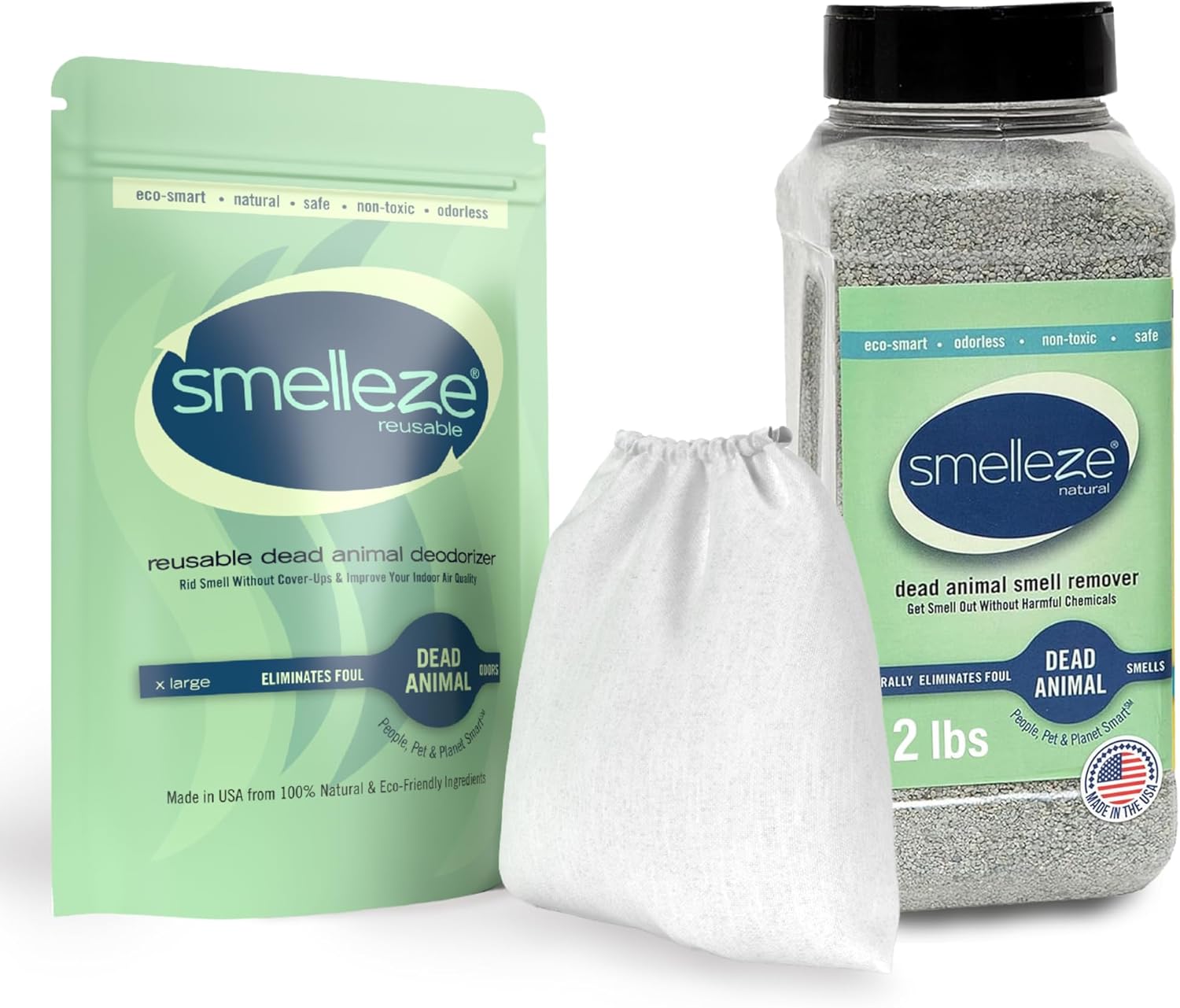 SMELLEZE Ultimate Odor Removal Bundle – 2 lb. Granules + 1 Reusable Pouch | Eliminates Tough Smells | Safe, Natural & Long-Lasting Indoor & Outdoor Odor Control
