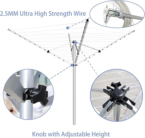 Miniatura 3 de Tendedero para paraguas para exteriores, 4 brazos, 12 filas, 165 pies giratorios, tendedero plegable para exteriores, material de aleación de