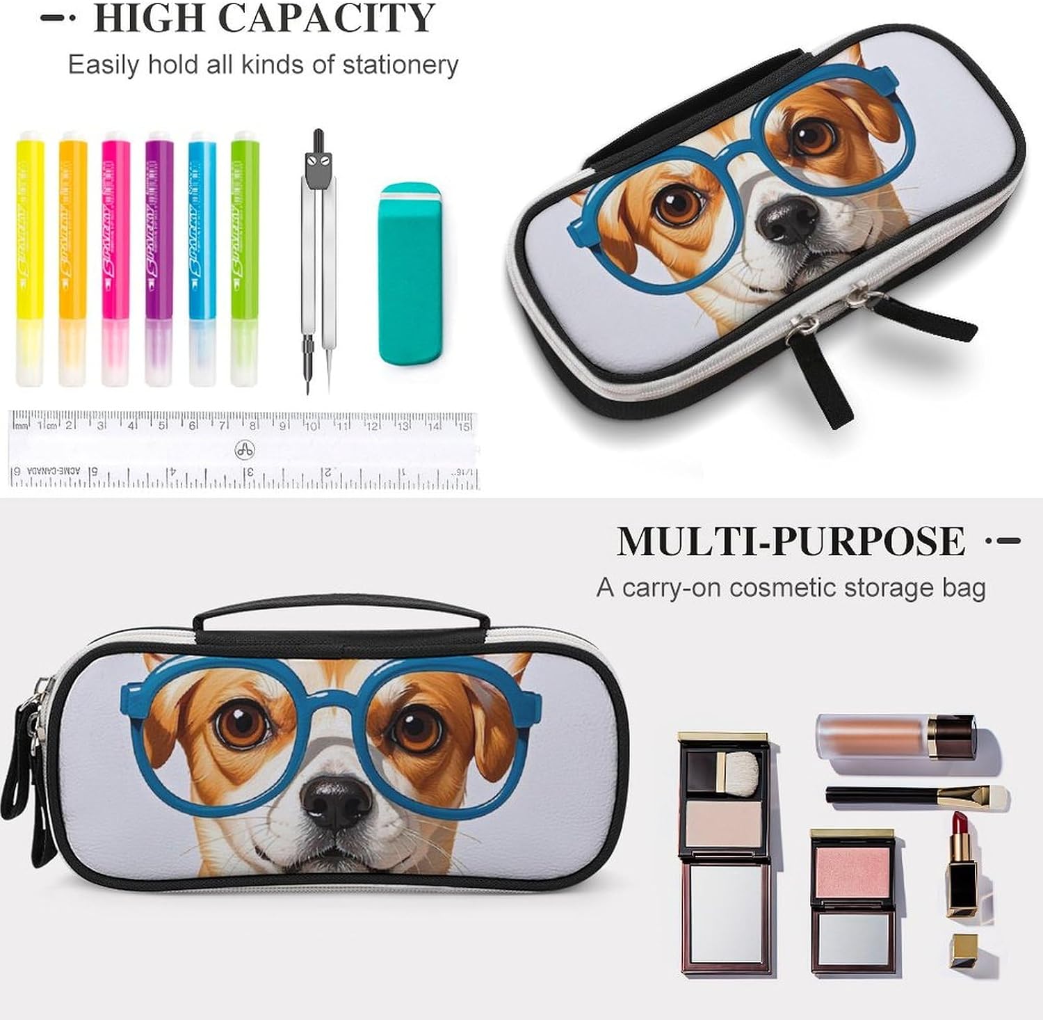 Pet Dog Soft Bow Tie, Oversized Glasses Leather Makeup Bag Portable Small Cosmetic Organizer Waterproof Toiletry Bags Brushes Pencils And Travel Make Up Accessories image 3