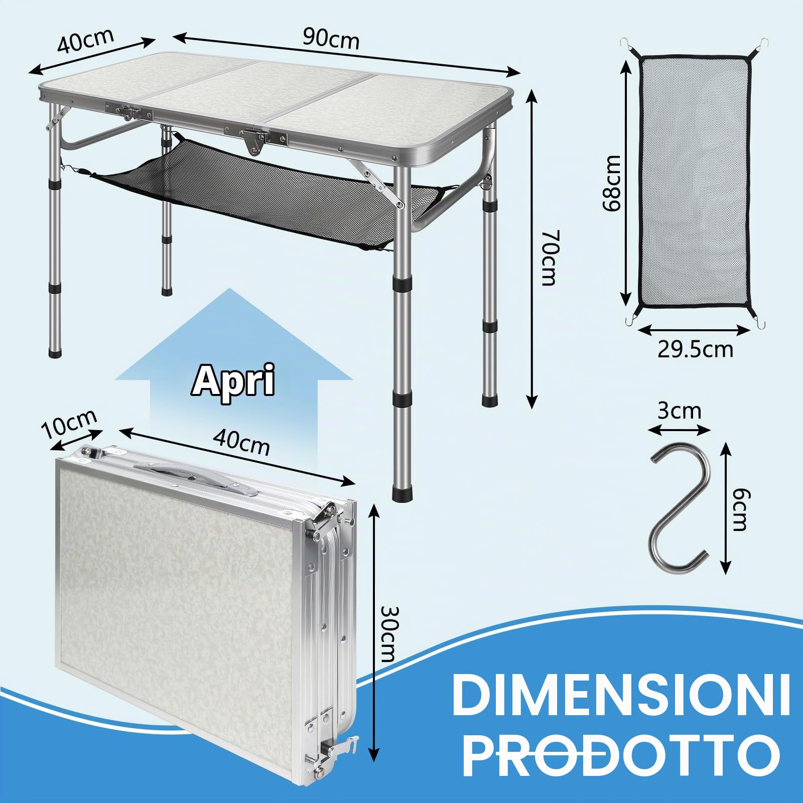 CPROSP Tavolo da Campeggio Portatile Pieghevole 90 * 40cm, da Picnic per Esterni Nero, Altezza Regolabile 26-70cm con Rete di Contenimento, Borsa per Il Trasporto Inclusa in Alluminio MDF 4 Persone