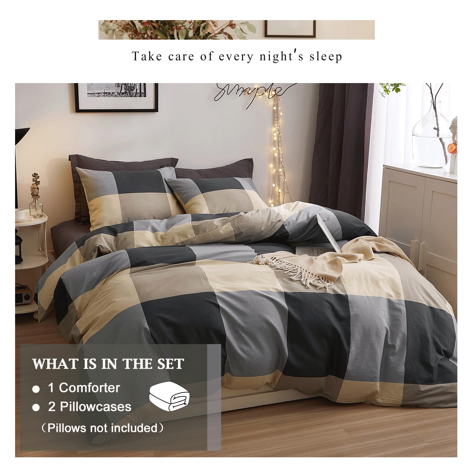 VM VOUGEMARKET Plaid Comforter Set Twin,3 Pieces Black Gray Grid Bedding Comforter with 2 Pillowcases Modern Simple Farmhouse Down Comforter Set for Teen Boys
