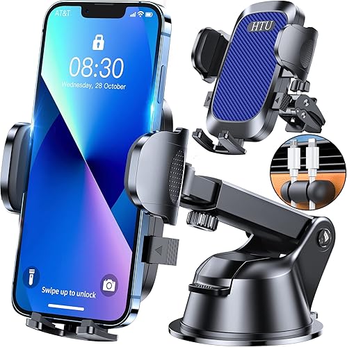 HTU Soporte de teléfono celular para automóvil potente ventosa Soporte de teléfono azul zafiro para salpicadero, ventilación de aire, brazo largo,