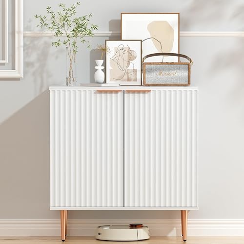 EOYUTLLY White Storage Cabinet,Wood Sideboard Buffet Cabinet with Fluted Textured & Rose Gold Colored Metal Legs, Accent Cabinet for Living Room,Dining Room,Kitchen