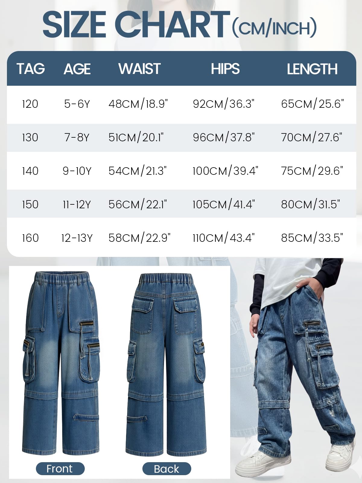 JiAmy Chłopięce spodnie dżinsowe, elastyczny ściągacz, Baggy Jeans chłopięce, szerokie nogawki, Y2k, dziecięce spodnie cargo, bawełna, spodnie dżinsowe dla chłopców i dziewczynek, 120-160 (5-14 lat)