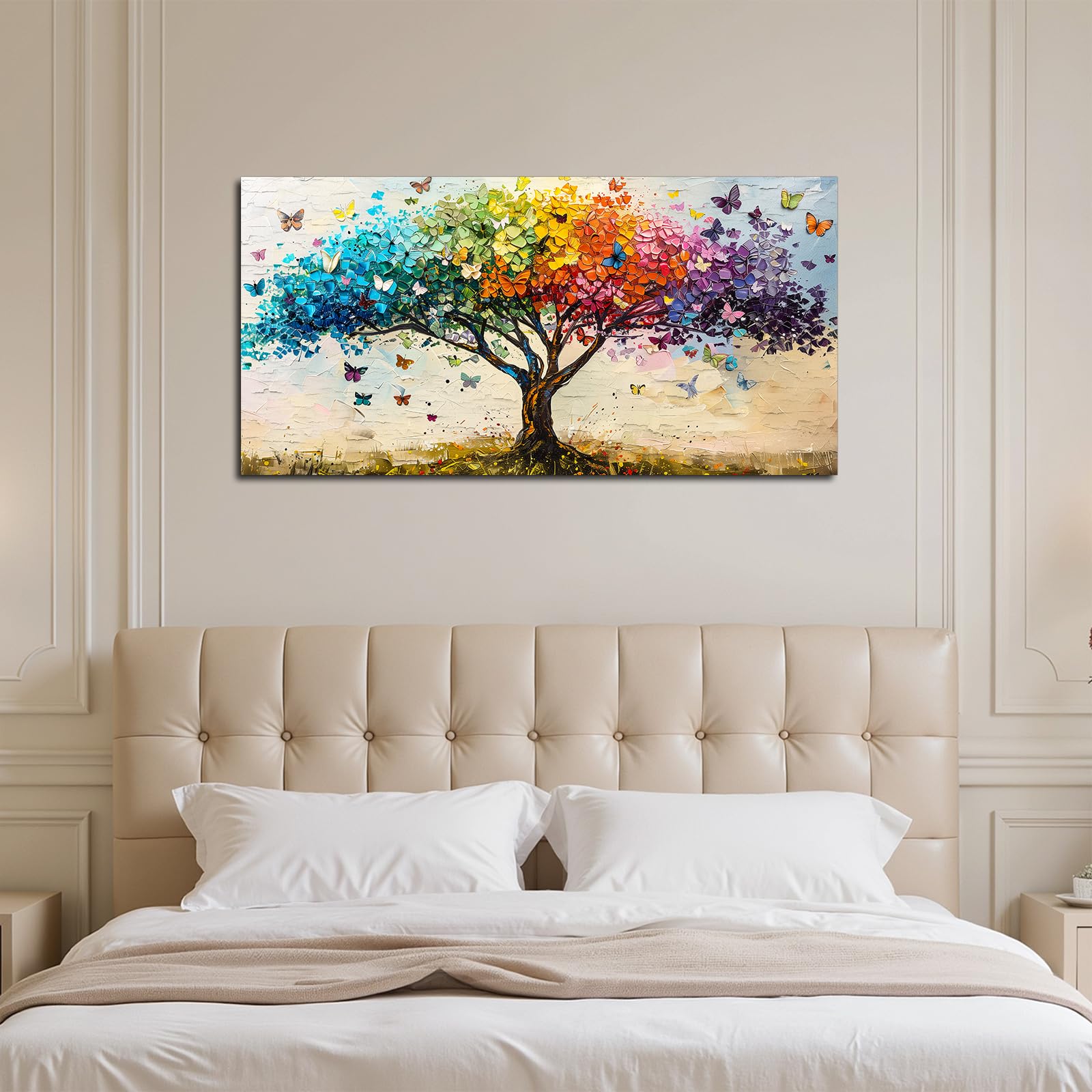 SERIMINO Cuadros Decoracion Arbol de la Vida Modernos Laminas 50x100 cm | Follaje Arcoíris Degradado, Impresión Hd. Bastidor Madera. Montaje Fácil, Multiespacio, Regalo Ideal