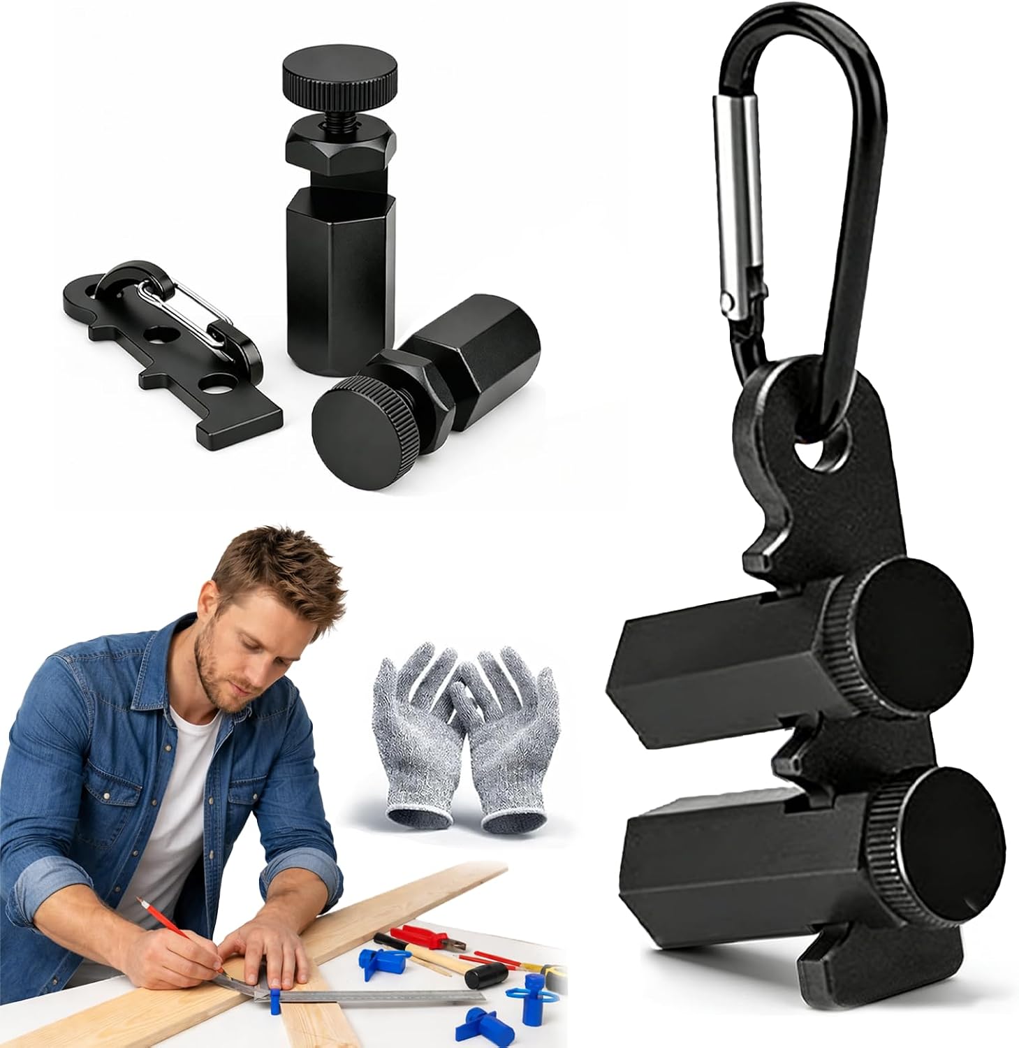 Right-Angle Ruler Clamp, Tall Stair Gauges for Framing Square, Hex Lock with Holder and Hook, Anti-Slip Carpentry Jig for Saw Cuts and Accurate Layouts (2PCS-Black)
