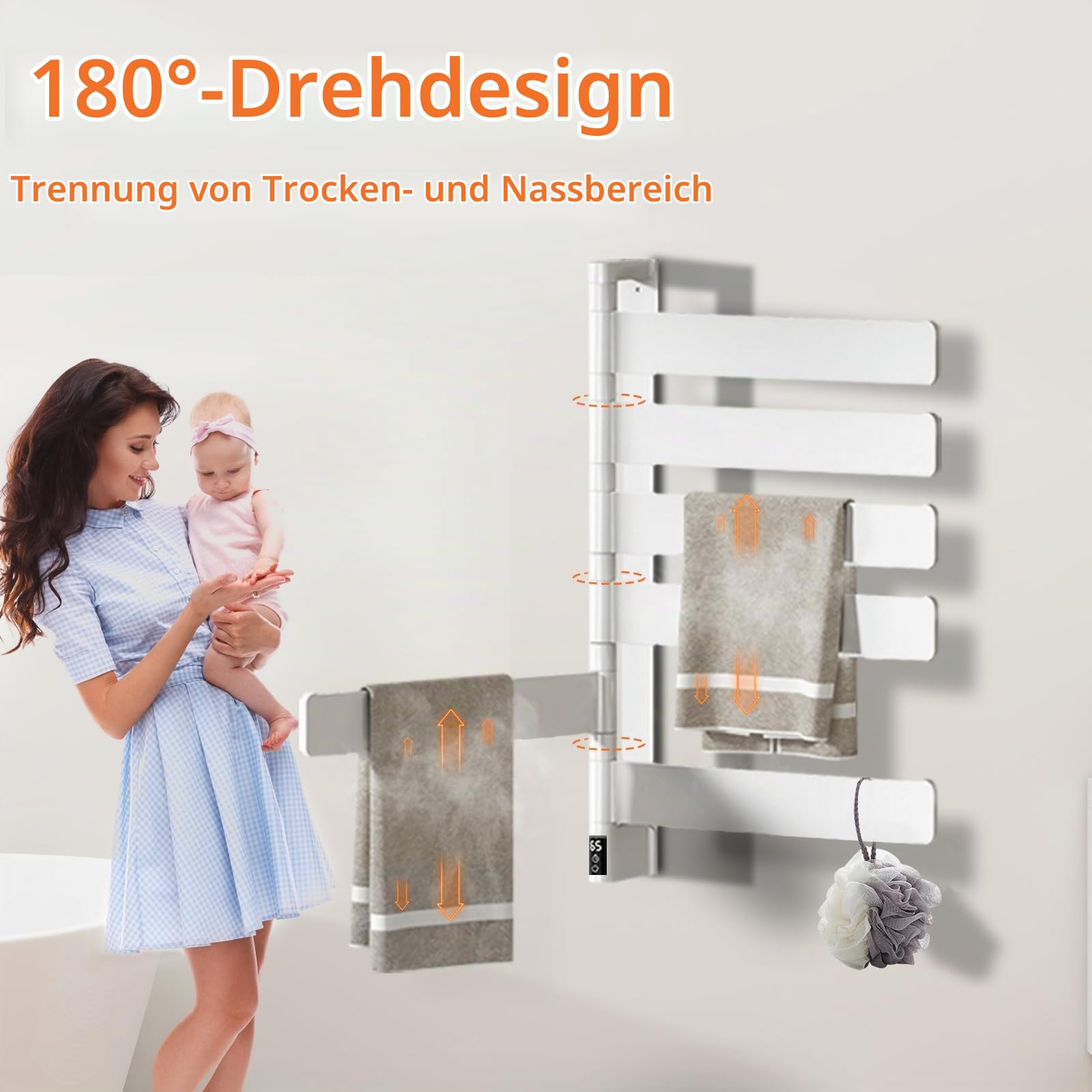 TINS Handtuchheizkörper Elektrisch Weiß Badheizkörper Elektrisch mit LED Anzeige 180° Drehung Elektrischer Handtuchhalter mit Timer/Einstellbarer Temperatu Intelligenter Thermostat-35.1×44.4×9.5 cm