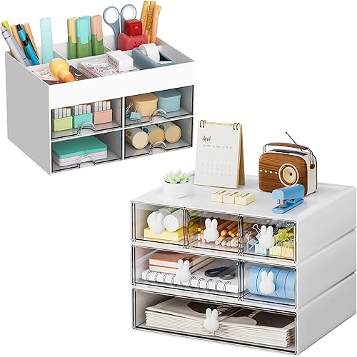 Marbrasse Organizador de bolígrafos con 4 cajones + almacenamiento apilable de 3 niveles