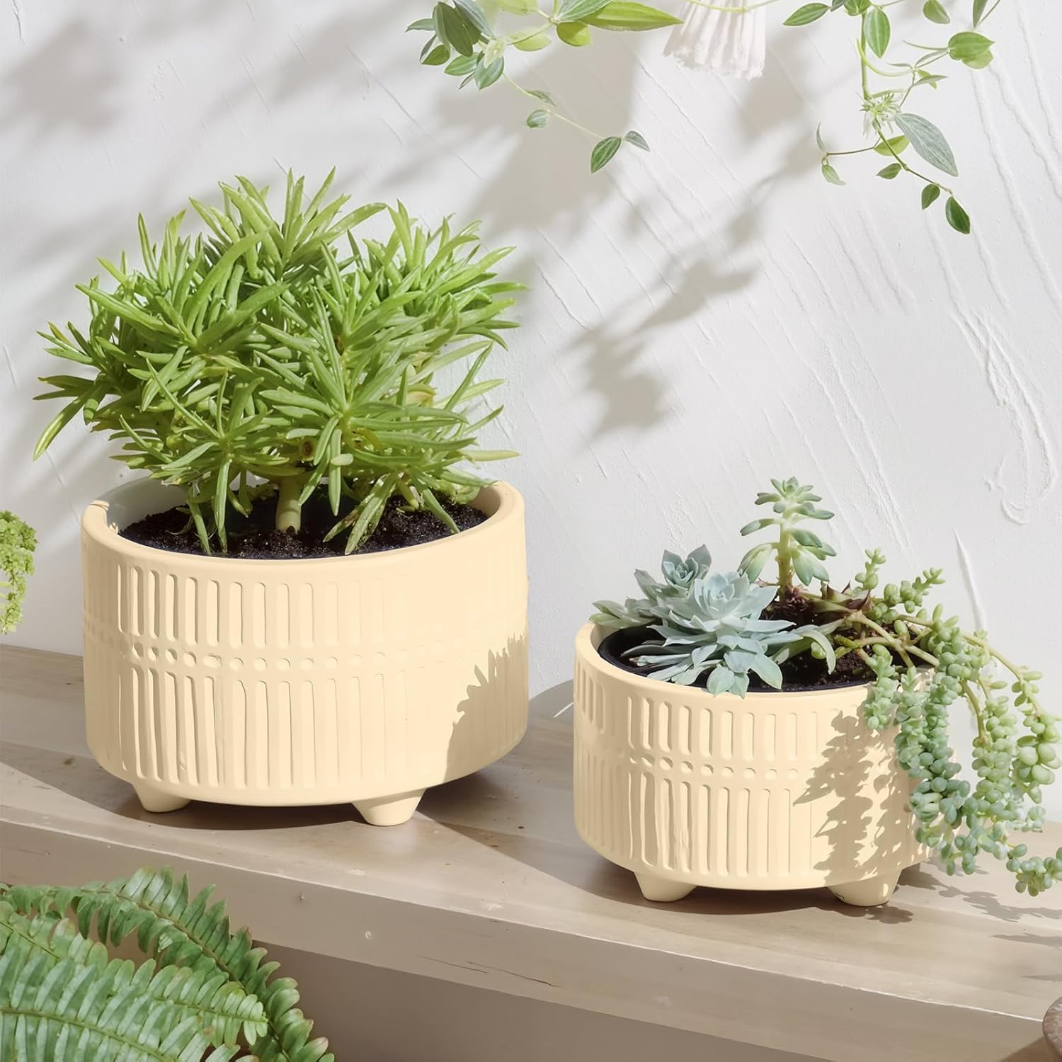 OXART Ceramic Pots for Plants, Set of 3, 10+8+6 Inch Planters for Indoor Plants, Modern Outdoor Flower Pot with Drainage Holes, Stylish Round Planter Pots (Yellow)