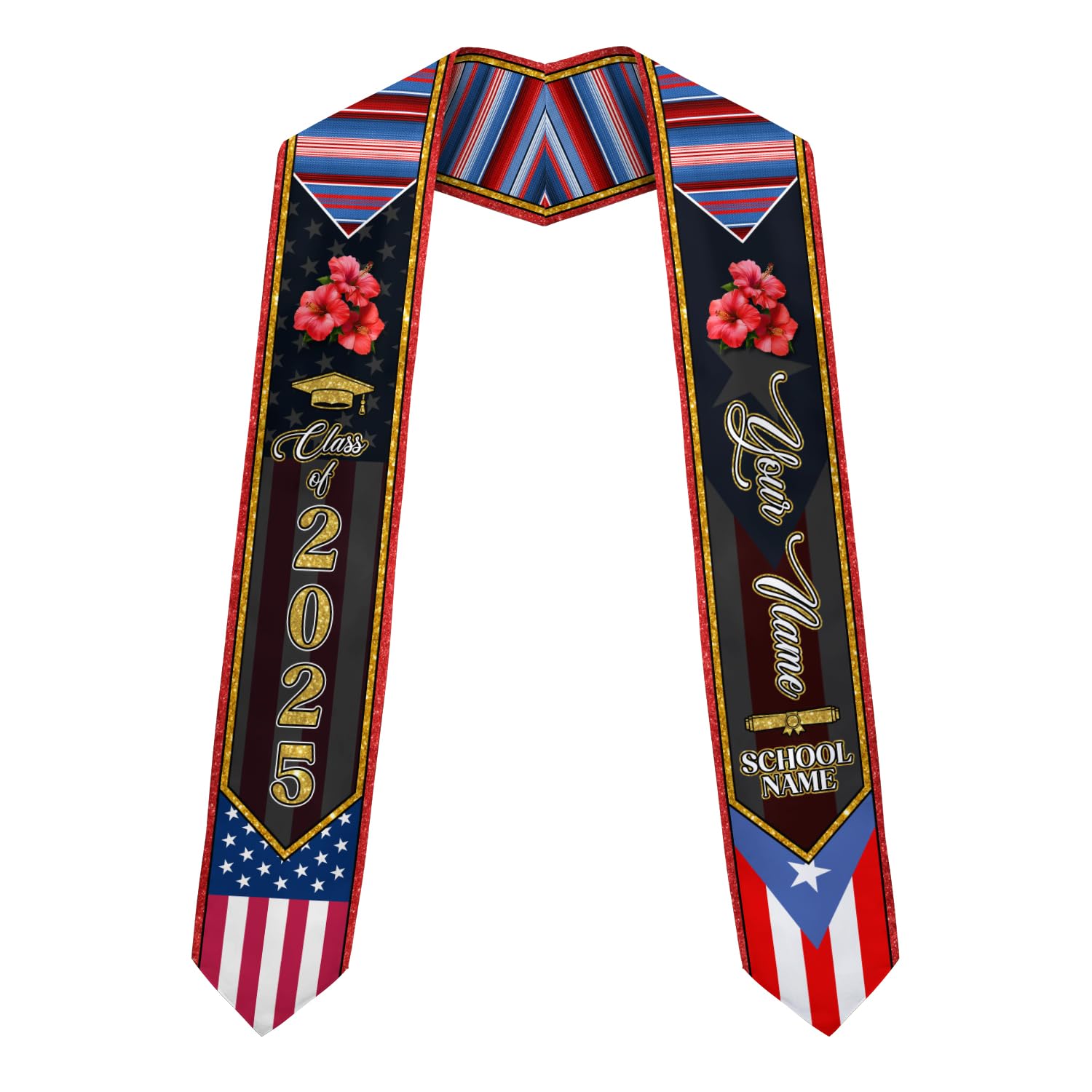 MonkeyVan Personalized Puerto Rico Graduation Sash 2025, Custom Puerto Rican American Flag Graduation Stole Class of 2030 S158