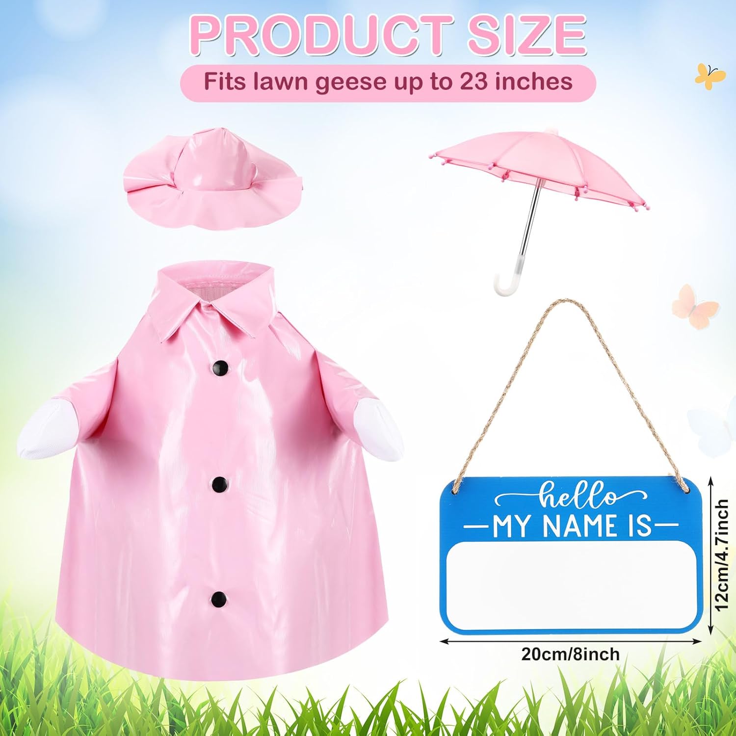 Mindsoft 3 Pcs Raincoat Porch Goose Outfit Spring Raincoat Umbrella with Name Wooden Sign for Lawn Cement 23 Goose Statue Clothes Outdoor Patio Yard Lawn Decoration(Classic,Pink)