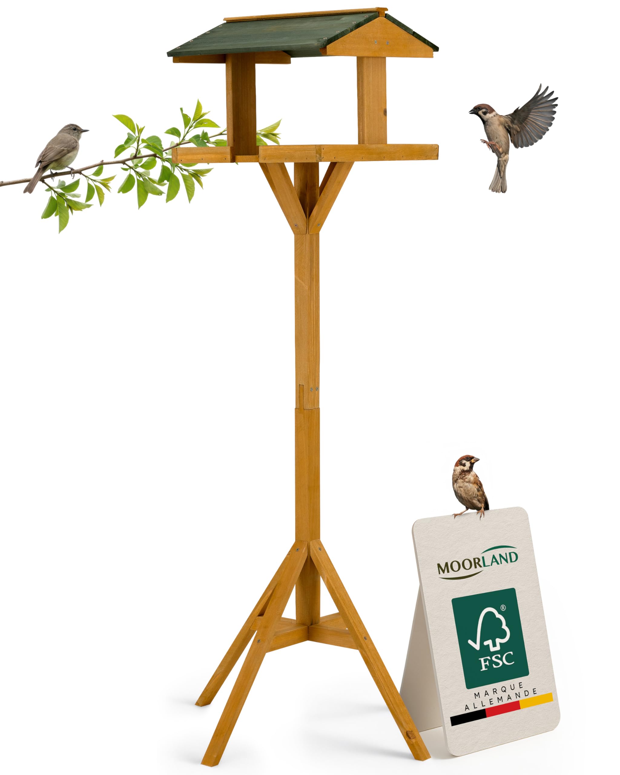 Moorland Nichoir Mangeoire Oiseaux Exterieur sur Pied 116 cm avec Toit – Grande Mangeoire Cabane Oiseaux en Bois de Sapin pour Jardin Balcon Terrasse – Résistant aux Intempéries Toute l'Année – VH5